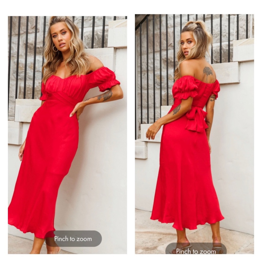 HELLO MOLLY Red Off the Shoulder Tie Back Midi Dress US 4 Blogger Valentines